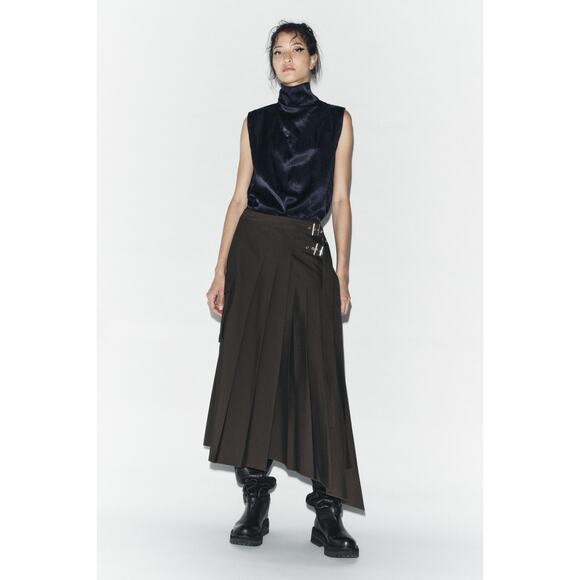 Zara Dresses & Skirts - Zara Women's Brown Pleated Asymmetrical Buckle Midi Wrap Skirt Size Medium